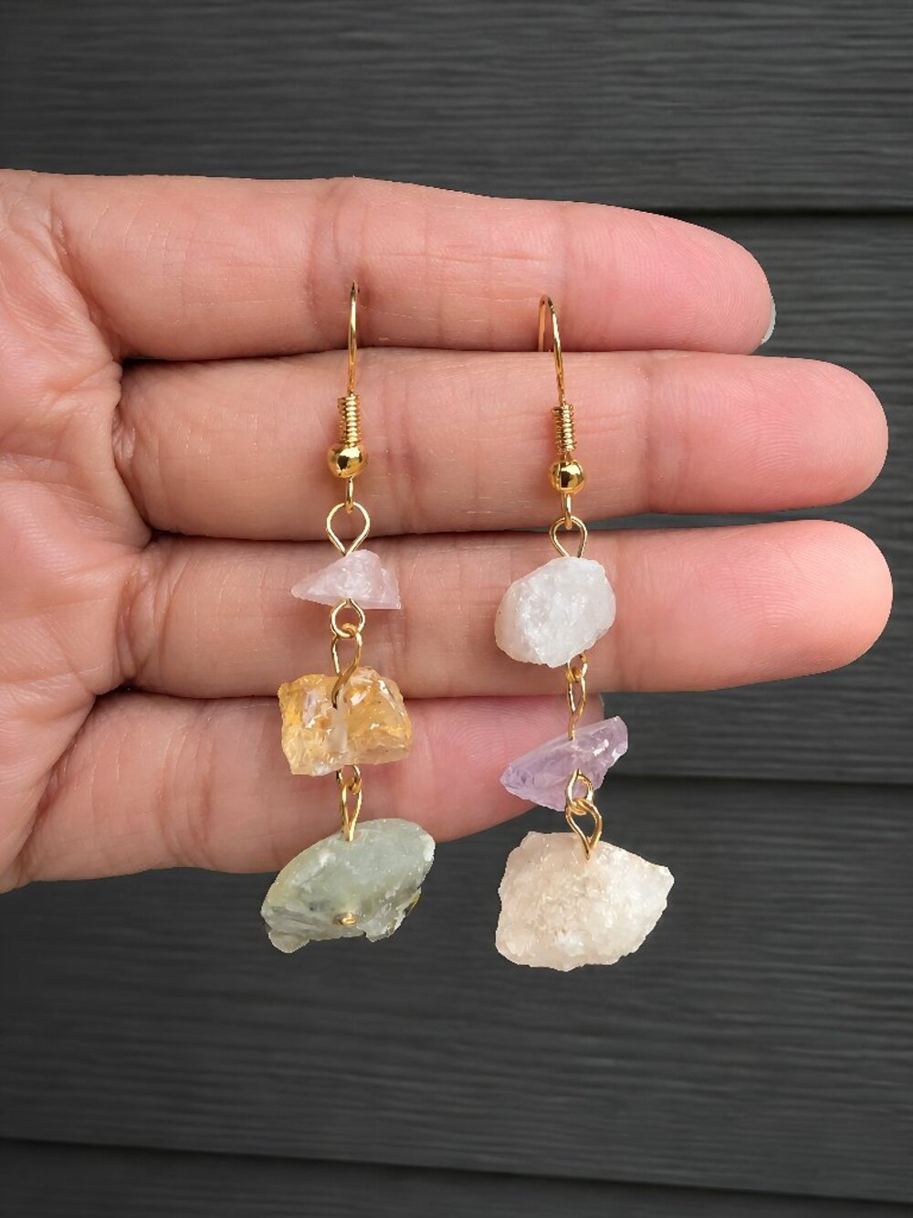 Raw Mixed Crystal Dangle Earrings Boho Handmade Crystal Jewelry - Gold